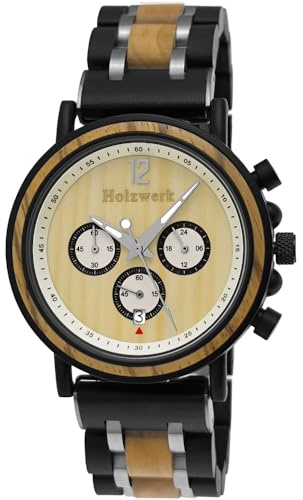 Holzwerk Germany Orologio da uomo, realizzato a mano, in legno, ecologico, naturale, cronografo, analogico, al quarzo, marrone, nero, argento, data, quadrante in legno, Cronografo, marrone/argento