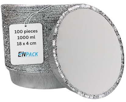 Enpack Aluschale C807-1000L - 100 Stück Aluschalen mit Deckel 20cm - Wärmebehälter 1000ml - Fettauffangschale als Lebensmittelaufbewahrung, Auflaufform, Food Container - feuerfeste Alu Tropfschale