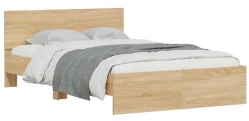 vidaXL Sängram med huvudgavel och LED sonoma-ek 135x190 cm, träsäng, säng i trä, sängram i trä, träsängar, sängar i trä, dubbelsäng, dubbelsängar