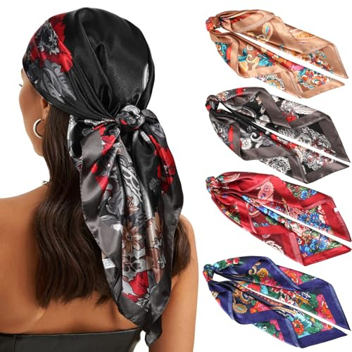 WELROG 90×90cm Große Quadratische Kopftuch Damen - 4 Stück Bandana Seidentuch Haare Haartuch Frauen zum Binden Halstuch