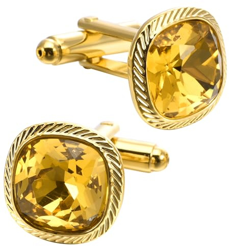 Jonwo Cufflinks for Men Lady with Yellow Zircon Gemstone Silver/Gold Plated | Come with Gift Box, Faceted Crystal Men's Women Cuff Links Jewelry for Wedding Party Daily Office Formal Casual Wear Shirt