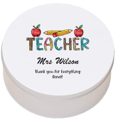 ukgiftstoreonline Personalised Teacher Gift Cake Or Cookie Tin With Pencils and Apples