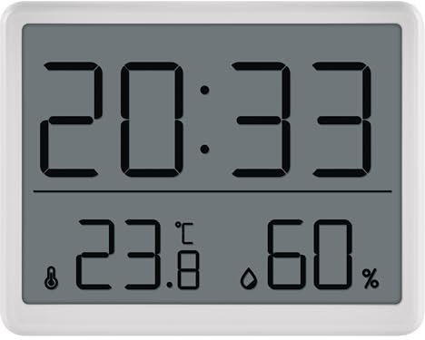 EMOS Thermomètre d'ambiance numérique et hygromètre avec horloge à poser/suspendre/support magnétique - Écran LCD avec affichage des valeurs minimales et maximales, date, réveil - Batterie incluse -