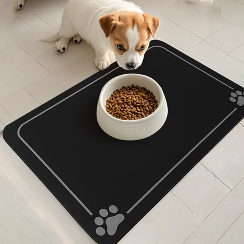 OPLERT Tapis de Gamelle pour Chien et Chat - Antidérapant, Absorbant, Séchage Rapide et Facile à Nettoyer (Noir, 40x60cm)