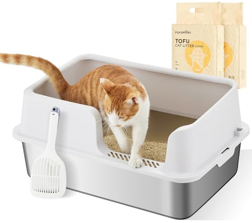 FUKUMARU Kattlåda i Rostfritt Stål, Inkluderar 2 Påsar Tofusand och Spade, Non-stick Katttoalett, Lätt att Rengöra, Odörfri och Rymlig, Stort Låda för Kattlåda.