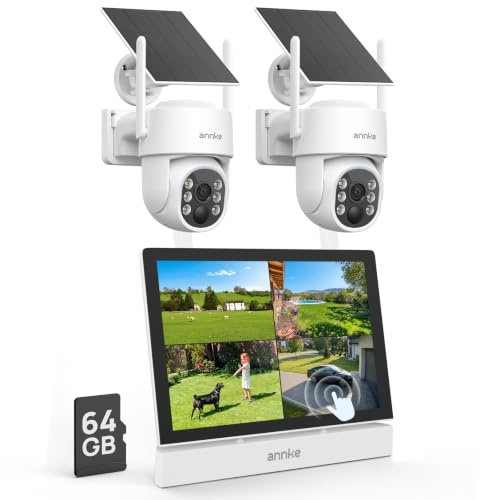 ANNKE Solar Wireless Security Camera System, 7 Monitor CCTV Camera System 4CH 5MP NVR with 64GB SD Card, 2X 4MP PT WiFi IP Camera, Color Night Vision, Motion Detection, 2-Way Audio, Remote Access
