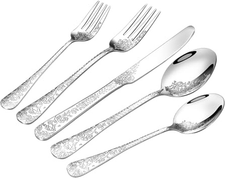 Floral 20 Pcs Silverware Set for 4, Food Grade Stainless Steel Flatware Set with Rose Flower Embossed Design, Eating Utensils Sets Include Fork/Knife/Spoon, Reusable Cutlery Set, Dishwasher Safe
