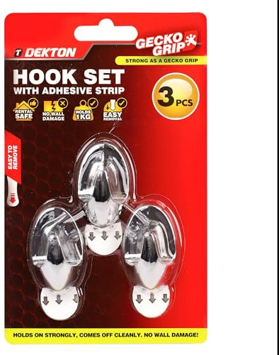DEKTON Geckogrip Hook Set 3pc Chrome-Heavy-Duty Wall Hook| Strong Adhesive Grip| Holds Upto 10kg| Ideal for Kitchen, Bathroom, Office| Reusable & Residue-Free| Sleek Chrome Finish| Versatile Storage