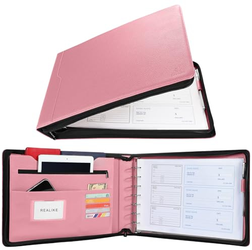 REALIKE 7 Ring Geschäfts-Scheckordner mit Reißverschluss Leder Checkbuch Ordner Portfolio Organizer Kompatibel mit 9x13 Zoll (23x33 cm) Blättern