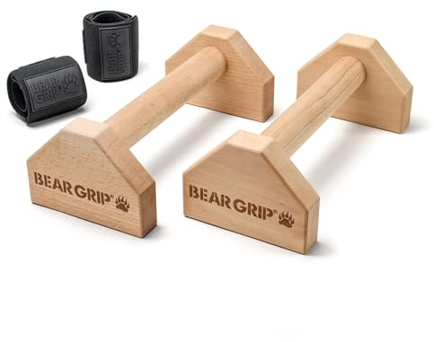 BEAR GRIP Wooden Parallettes Push Up Bars with Wrist Wraps – Solid Beech Wood Handstand Bars with Non-Slip Rubber Feet, Calisthenics, Gymnastics & Strength Training Equipment for Home & Gym Workouts