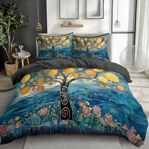 Generisch Blau Bettbezug 200x200 cm Ölgemälde Baum im Klimt Stil Bettbezug Bettwäsche-Set für Jungen Mädchen Kinder Weiche Polyester-Baumwolle Wende Bettwäsche mit 2 Kissenbezug