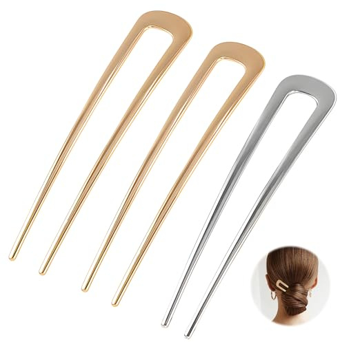3 Stück French Twist Haarnadeln, 14cm U-Förmige Französische Haarnadel Metall Haarnadeln Haarnadel aus Edelstahl French Hair Pin französischer Dutt für Frauen Mädchen Alle Haartypen, Gold+Silber