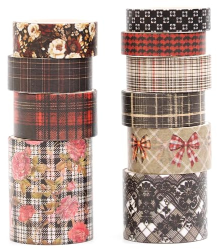 Songdao 10 Rollen Weinlese Blumen Washi Tape Set Dekorative Masking Tapes Schottenstoff Klebeband Bunt für Kunst, DIY Handwerk, Tagebuch, Planer, Scrapbook, Verpackung (Rosa Schottenstoff)
