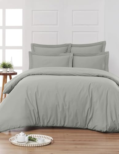 PARURE DE LIT 5 Pieces Unie en pour Un lit 2 Personnes 160 x 200 cm 1 drap housse + 1 drap plat +2 taies d'oreiller 50 x 70 cm + 1 taie de traversin 100% Coton 57 Fils HAUTE QUALITE (ARGENT)