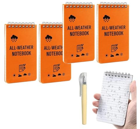 4 Stück Wasserfester Notizblock A7 Klein mit 1 Stift, Allwetter Spiralheft | Wasserfestes Papier, Pocket-Notizbuch & Reporterblock für Outdoor-Feldnotizen, Schule, Arbeit, Reisen und Camping