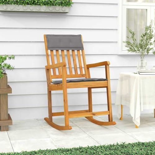 HaoChrymec Mecedora de Exterior e Interior, Madera Maciza de Acacia con Cojín Gris, Silla Mecedora con Diseño Ergonómico, Sillón Balancín Resistente para Jardín, Terraza o Salón, 54 x 78 x 103 cm