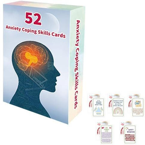 Lot de 52 cartes de compétences d'adaptation à l'anxiété – Gestion du stress et de l'anxiété sociale pour adultes, soulagement de l'anxiété sociale et soins personnels avec boîte d'emballage