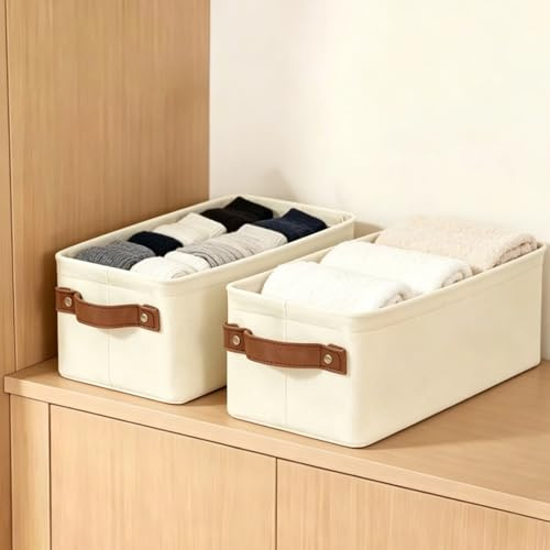 BXUUXA Juego de 2 Cajas de Almacenamiento Plegables de Tela, 38x15x13 cm, Cestas Organizadoras para Ropa, Juguetes, Herramientas en Cocina, Baño o Armario (Beige)