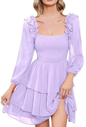 Kleider Damen Chiffon A Line Lila Kleid Rapunzel Kostüm Damen Weiß Kleid Fasching Solide Farbe Viereckiger Ausschnitt Slim Fit Long Sleeve Cake Kleider Frühling Summer Cocktailkleider