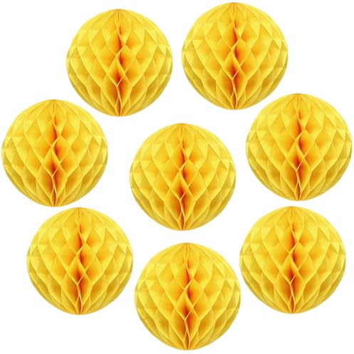 QUARKZMAN 8 Pcs Boules Alvéolées, 6 Dia Fleurs en Papier Pompons Pompons en Papier Artisanat pour DIY Décoration Maison Anniversaire Noël Fête, Jaune
