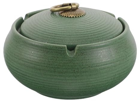 UKCOCO Cenicero de Cerámica Verde Pequeño con Tapa Antirruido a Prueba de Viento para Interior y Exterior, Cenicero Decorativo Funcional para Mesa, Oficina y Jardín