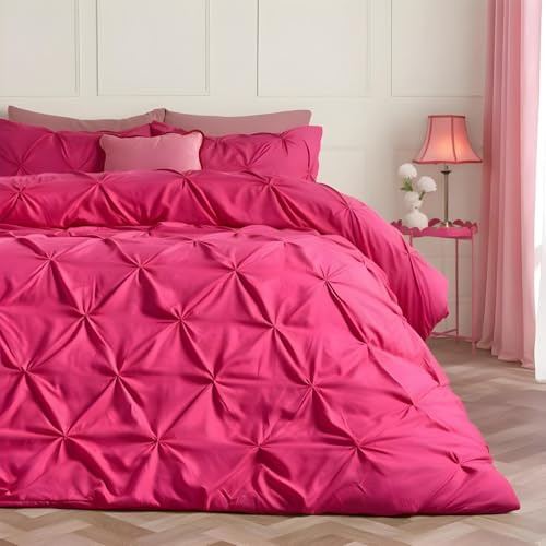OHS Super King Duvet Set, Gifts for Women Super Soft Cosy Warm Microfibre Luxurious Diamond Pintuck Superking Bedding Comfy Modern Easy Care Quilt Cover Set with Pillowcases, Hot Pink