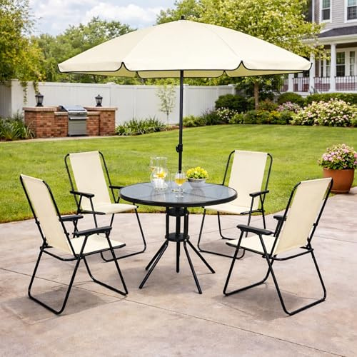 Garden Mile Cream Outdoor Dining Set 4 Seater with Parasol – Folding Garden Table & Chairs, Patio Furniture Set with Glass Top Table, Compact Balcony & Terrace Furniture
