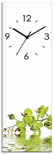 ARTLAND Wanddeko Wanduhr ohne Tickgeräusche Glas Funkuhr 20x60 cm Rechteckig Lautlos Blumen Orchidee Natur Design Blätter Modern T5OW