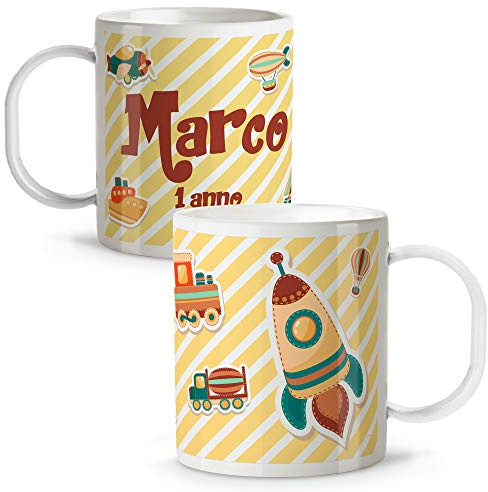LolaPix Tazza Colazione Bambini Personalizzata con Nome. Ritorno a Scuola. Plastica. Vari Disegni. Razzo