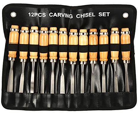 Scalpelli per Legno, Set di 12 Pezzi Coltello per intagliare Legno, Kit Intaglio Legno Professionale e Principianti, Manici in Legno, Lavorazione del Legno Carpenteria Sgorbie Mano Scalpello