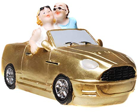 Udo Schmidt Spardose Pärchen im Auto | 16cm Gold Polyresin | Geldgeschenk Führerschein Reise | Handbemalt Sparbüchse mit Pfropfen