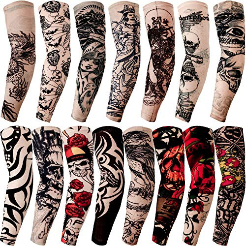Qpout 15 St Falska Tatueringar Ärmar Skydd för Män Kvinnor, Unisex Fest Tribal Totem Skalle Blomma, Utomhus Cykling Basket Solskydd Nylon Stretch, Flerfärgad, M