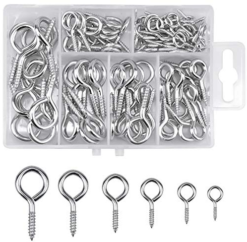 100pcs Screw in Eyes Hooks, Eyelets Hooks for Wood, Eye Bolts Screw in Rings, Metal Eye Screw Hooks with Storage Box for Outdoor Indoor DIY Craft Projects Hanging Ornament, 6 Mixed Sizes Silver