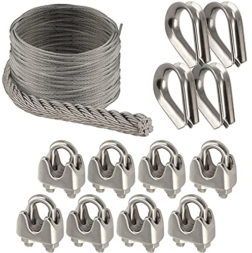 OPIOL QUALITY® 20m Drahtseil 7x7 mittelweich 3mm, 8x Drahtseilklemme ähnl. DIN 741 3mm, 4x Kausche 3mm ähnl. DIN 6899 Sonnensegel Set Edelstahl A4 Hanging Kit Klemme Stahlseil