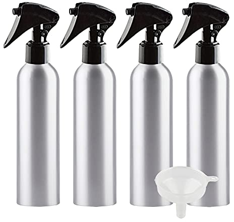 ZEOABSY 4 Pièces Flacon Spray Vide 250ml avec Vaporisateur Brumisateur Noir, Bouteilles Pulvérisateur en Aluminium Vides pour Cheveux Jardin Cosmétique + 1 Pièce Entonnoir