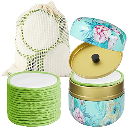 16Pcs Reusable Face Makeup Remover Pads 100% Organic Cotton Pads Cleaning Face Wipes Cloth Washable Face Round Cotton with Laundry Net Bag and Fashionable Metal Box Suit for Adults and Kids