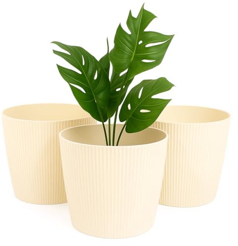 Home Garden Ornaments Blumentopf Set 3er – Kunststoff Übertopf, geriffeltes Design, modern & dekorativ, für Zimmerpflanzen (15,5 cm, Creme)