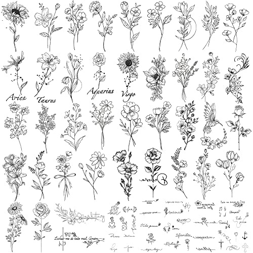 Vattentät tillfällig tatuering - 90 ark Realistiska falska tatueringar, 52 ark Inspirational Words Tatuering klistermärken, 38 ark Wild Flower Blommig Rose Solros Stickers för vuxna kvinnor Män Barn