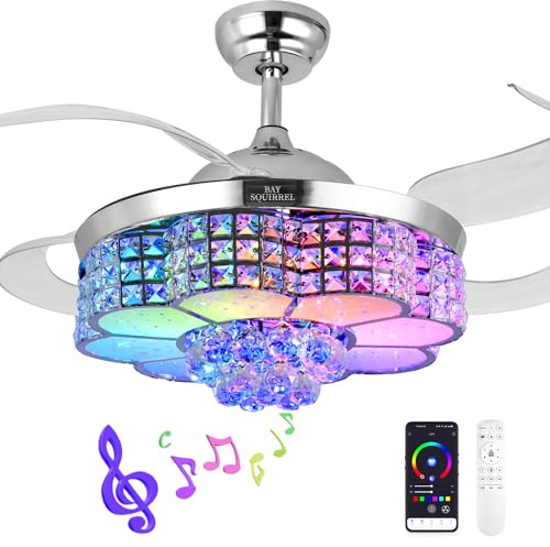 BAYSQUIRREL 42-inch Retractable Ceiling Fan with Light and Remote/APP Control, Bluetooth Ceiling Fans with Speaker, RGB-LED Light 6 Speeds Reversible Blades,Flush Mount Chandelier Crystal Ceiling Fan