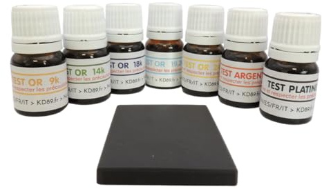 Test de Oro - ¡Kit de 7 para probar metales! ¡Determine el título de sus joyas de oro (9k, 14k, 18k, 19.2k, 24k)! + Prueba de platino y plata! Piedra de toque incluida