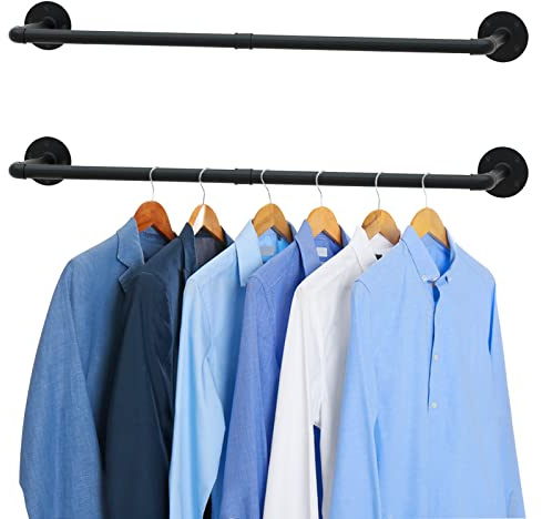 Urban Deco Clothes Rack 92cm Industrial Pipe Wall Mounted Clothes Rail For Bedroom Heavy Duty Detachable Wardrobe Rail Vintage Iron Garment Bar With 2 Base Black (Holds Up To 45 KG)-2 Packs