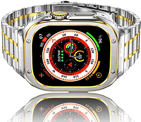HASLFM Kompatibel mit Apple Watch 49mm(Ultra 3/2/1) Armband, Robustes Edelstahl Metall Ersatz Armband mit Gehäuse Cover für Apple Watch 49mm Ultra 3/2/1 für Männer, Silber-Gold