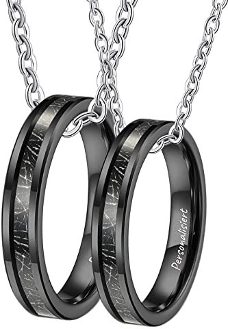 Wolfram Partner Ketten mit Ring Anhänger, 2 Stück Partner Kette Gravur Kohlefaser, Schwarz für Damen Herren (Breite 4MM, Länge 60cm/ 50cm, Damen 54 Herren 62)