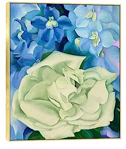 EVANEM Berühmte Georgia O'Keeffe Bilder. Weiße Rose mit Rittersporn moderne Leinwandbilder. Berühmte Ölgemälde-Reproduktion für Wohnkultur 40x52cm Goldener Rahmen
