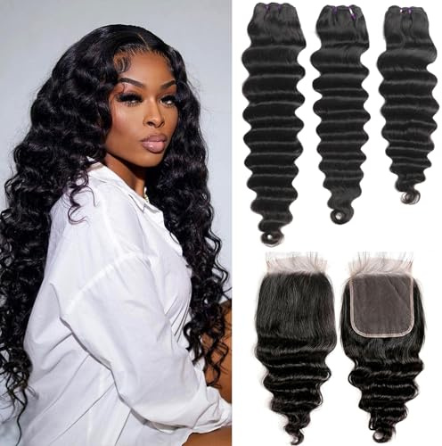 Pinjuoo 3 paquetes sueltos de onda profunda con cierre de encaje HD de 4 x 4 pulgadas, 16, 18, 20+14 pulgadas, 100 % sin procesar, cabello brasileño Remy húmedo y ondulado con cierre, cabello humano