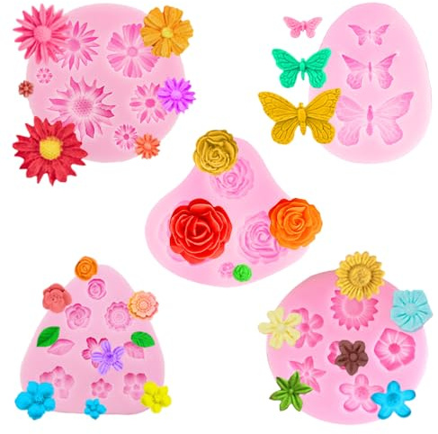 TRKETK 5 Stück Silikonform, Blume 3D Fondant Blumenformen DIY Gänseblümchen-Blumenformen Wiederverwendbar Back Silikonformen für Süßigkeiten Gelee Kuchen Seife Zucker Wachs Schmelzen (Rosa)