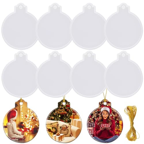 FEBSNOW 8PCS Christmas Ornaments Resin Molds Round Silicone Resin Ornaments Molds with Strings Epoxy Pendant Casting Molds for Resin Resin Molds Silicone for DIY Crafts Making Holiday Xmas Home Decor