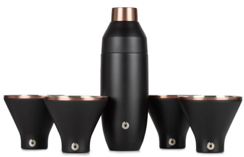 SNOWFOX Premium Vacuum Insulated Stainless Steel 22oz Cocktail Shaker and 4 Martini Glass Set-Home Bar Accessories-Elegant Drink Mixer-Leak-Proof Lid with Jigger & Built-in Strainer-Black/Gold