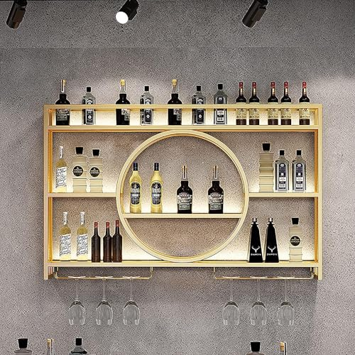 SHENJIA Wandweinregal Aus Metall - Modernes Hängendes Industrielles Weinregal - Barschrank Schweberegale Mit Weinglashalter - Für Heim Restaurant Bars(Size:100x15x80cm/39x5.9x31in,Color:Gold)