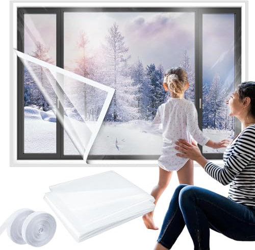 Fensterfolie für den Winter, Fenster-Isolierset, winddichtes Winterfenster-Dichtungsset, zuschneidbare Fenster-Isolierabdeckung mit Klebeband, für Dachbodenventilatoren, Türen, Dachbodenlüftung